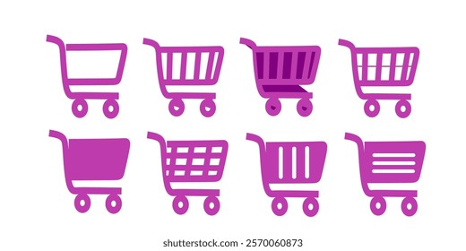 Set of Purple Shopping Trolley Icons in Various Designs and Styles.  Vector icon Illustration 