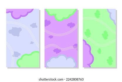 set of purple, soft purple and green abstract portrait background with cloud shapes and wave lines. simple, flat and colorful. used for wallpaper, backdrop, social media stories, copy space and poster