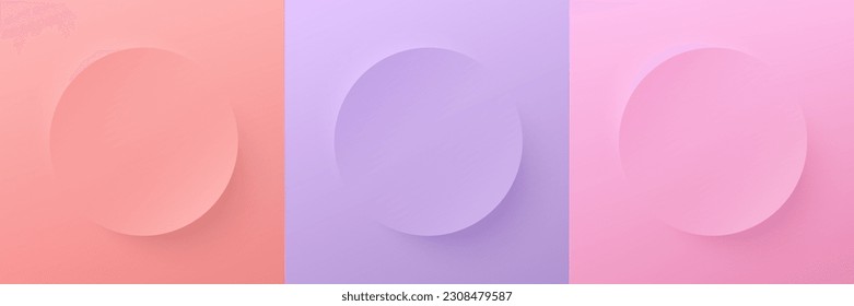 Set aus violettem, weichrosa und hellrotem Kreis 3D-Rahmen-Design. Abstrakte realistische 3D-Podiumszene für die Produktdarstellung in der Draufsicht. Kollektion geometrischer Hintergrund mit Kopienraum.