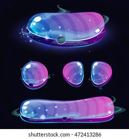 Set of purple space glossy buttons. Vector elements for web or game design.Bright buttons on dark background.