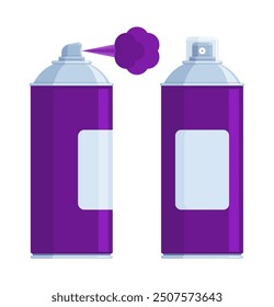Set of purple spray paint cans with silver caps, one spraying paint. Flat vector illustration isolated on white background. Art supplies and graffiti concept. Perfect for creative projects