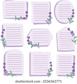 Set of purple sticky notes with lavender flower. Cute notebook graphic element. Vector notes