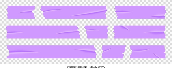 Set of purple sticky notes, realistic adhesive tape pieces vector illustration