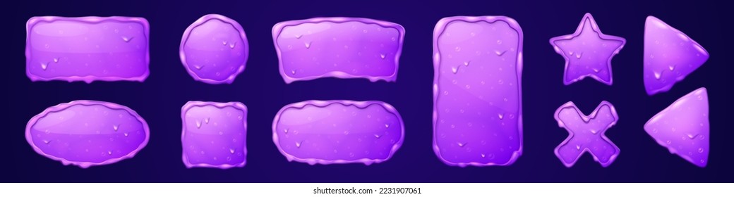 Set of purple sticky slime frames isolated on background. Cartoon vector illustation of rectangular, square, round, oval, triangle, star, jelly borders with viscous mucus texture, melting substance