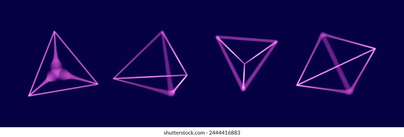 Set of Purple Technology 3D Triangular Pyramid Objects. Geometric Glowing Tetrahedrons. Platonic Shapes with Depth of Field Effect. Futuristic HUD Design Element. Vector Background.