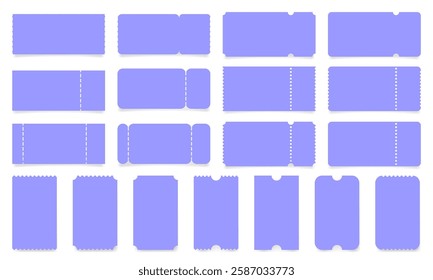 Set of purple ticket mockups with ruffle edges and shadows. Empty template. Concert, movie or theater ticket. Boarding blank, lottery, sale coupon