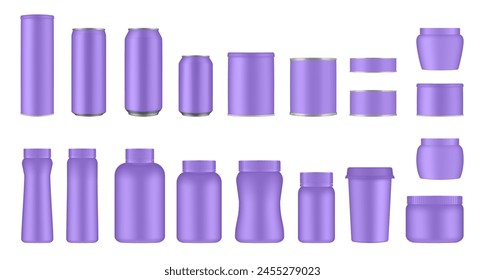 Set of purple tin cans and jars. Coffee or tea canister. Tin can for preserves or pet food. Beer, cocktail or soda can. Chips tube. Cookie jar. Round box for sugar or flour