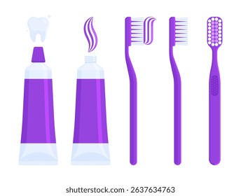 Set of purple toothpaste tubes and toothbrushes with paste on bristles. Dental care, hygiene, oral health, and personal care concept. Flat vector illustration isolated on white background