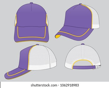 Set Purple Trucker Cap with White Mesh Four Back, Yellow Piping and Adjustable slide Buckle Plastic zip Strap Design on Gray Background, vector File.