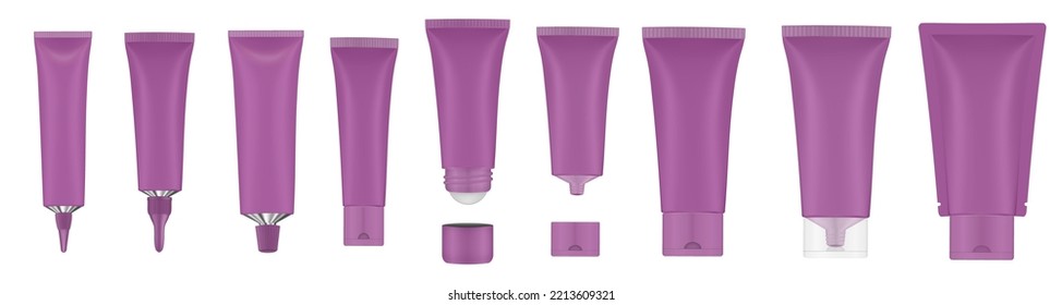 Set of purple tubes and bottles. Roller ball tube. Open and closed blank tubes with screw cap. Realistic mockup. Long nozzle tube. Ointment or salve. Gel serum. Korean packaging