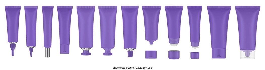 Set of purple tubes and bottles. Roller ball tube. Open and closed blank tubes with screw cap. Realistic mockup. Long nozzle tube. Ointment or salve. Gel serum. Korean packaging