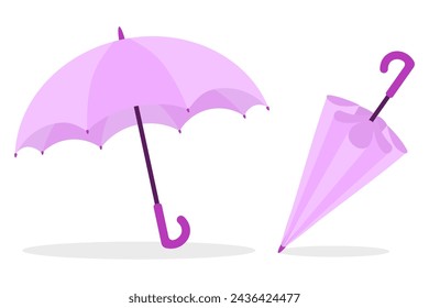 Set of purple umbrella, open and fold umbrella isolated on white background