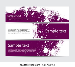 Set of purple vector brush stroke hand painted banners with paint splatters