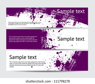 Set of purple vector brush stroke hand painted banners with paint splatters