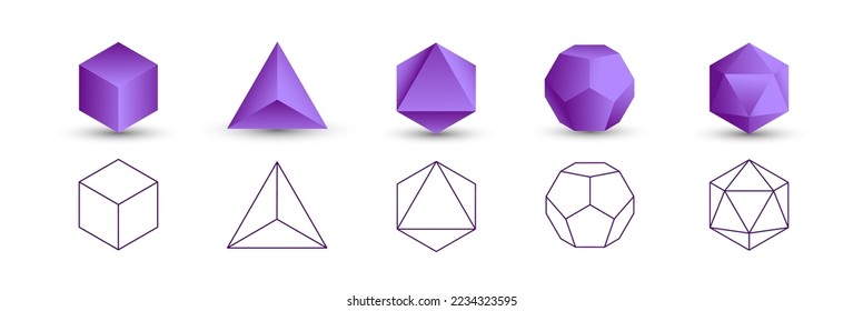 Set of purple vector editable 3D platonic solids isolated on white background. Mathematical geometric figures such as cube, tetrahedron, octahedron, dodecahedron, icosahedron. Icon, logo, button.