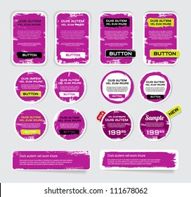 A set of purple vector grungy paper stickers, labels, tags and banners with hand painted / cracked paint worn out  backgrounds