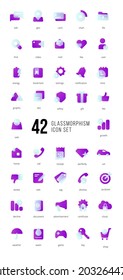 A set of purple vector icons of modern trend in the style of glass morphism with gradient, blur and transparency. The collection includes 42 icons in a single style of business, finance, UX UI