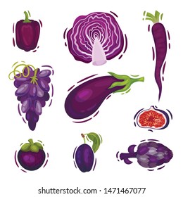 Set of purple vegetables. Vector illustration on white background.