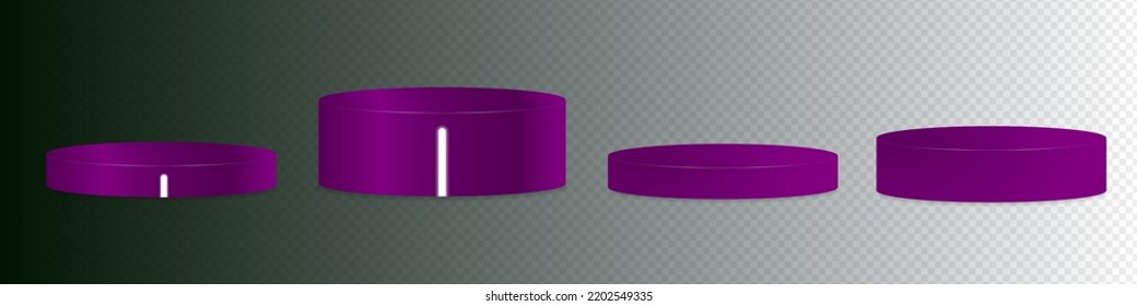 Set of Purple Violet 3d rendered podiums, two with LED Glow bars in neon white. Podiums perfect for retro neon designs, interior mock ups, product displays. Vector Illustration. EPS 10. 