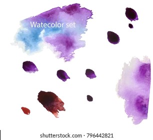 Set of purple and violet abstract splashes with blue brush strokes, wine splash. Watercolor hand drawn illustration. Trendy color.