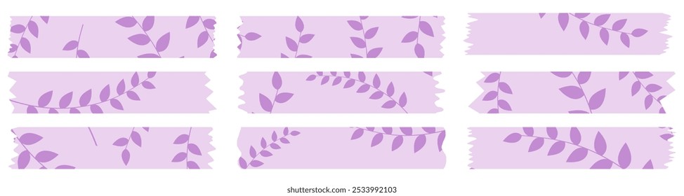 Set of purple washi tapes with leaves pattern isolated on white. Washi tape collection in vector. Pieces of decorative tape for albums. Torn paper