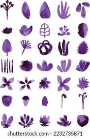 Set of purple watercolor leaves isolated on white background. Loose watercolor technique.