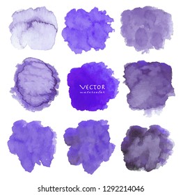 Set of purple watercolor on white background, Brush stroke watercolor, Vector illustration.
