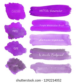 Set of purple watercolor on white background, Brush stroke watercolor, Vector illustration.