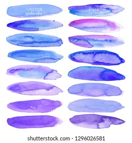 Set of purple watercolor on white background, Brush stroke watercolor, Vector illustration.