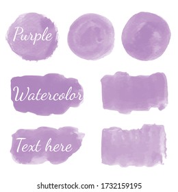 Set of purple watercolor stain. Watercolor texture with brush strokes.