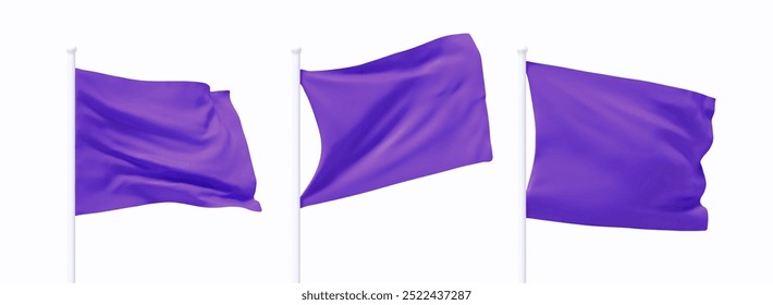 Conjunto de bandera ondeando púrpura en asta de bandera. La bandera realista del diseño 3d vuela en el viento en el fondo blanco aislado. Ilustración vectorial