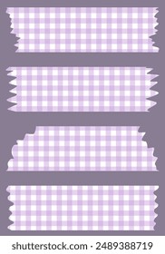 Conjunto de cintas washi moradas y blancas aisladas en blanco. Washi colección en Vector. Trozos de cinta decorativa para álbumes de recortes. Papel rasgado. Patrón con líneas y celdas