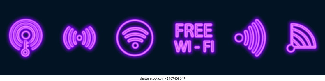 set of purple Wi-Fi wave signal signs isolated on dark background. Vector illustration.