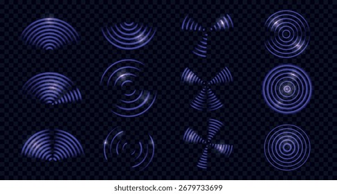 Conjunto de ondas wifi púrpura o sensor de radar. Señales radiales de Vector con efectos de luz de neón aislados sobre un fondo transparente