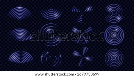Set of purple wifi waves or radar sensor. Vector radial signs with neon light effects isolated on a transparent background