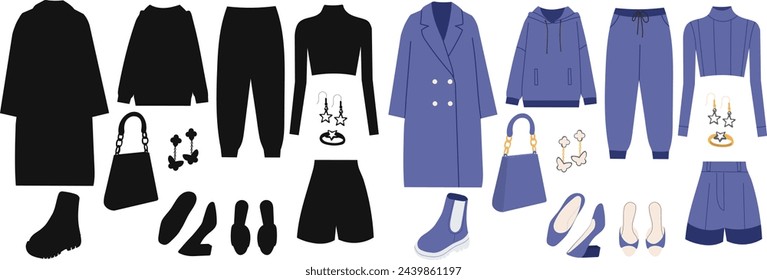 set of purple women's clothing on a white background, vector