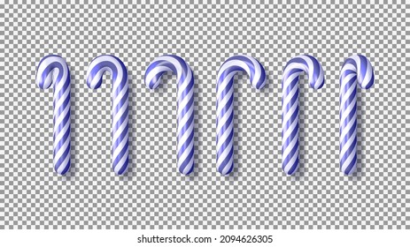 Conjunto de cañas de caramelo de Navidad violetas aisladas en un fondo a cuadros. 3d dulces realistas a rayas en colores de moda del año para la decoración de Navidad y Año Nuevo. Ilustración vectorial de vacaciones.
