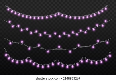 Set of purple xmas glowing garland. Led neon lamp. New year party lights decoration. Christmas violet light for cards, banners, posters, web design. Vector illustration, eps 10.