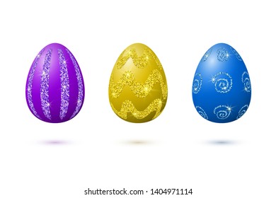 Set of purple, yellow and blue realistic eggs with silver and gold glittering isolated on the white background. Easter 3d art.