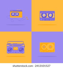 A set of purple and yellow boombox, audio player and audio cassette. Flat vector illustration