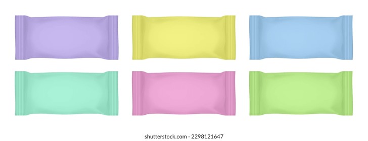 Set of purple, yellow, green, blue and pink flow packs. Chocolate bar or ice cream wrapper. Silver foil bag. Realistic 3d mockup of a cookie snacks. Pouch