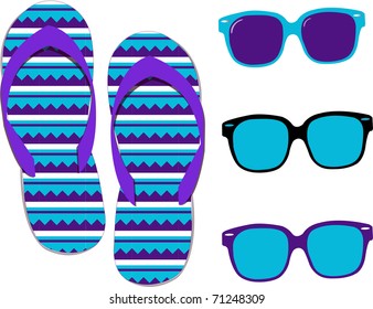 Set of purple/blue flip-flops and sunglasses