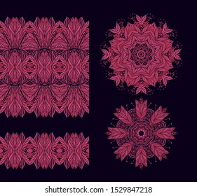 Set of purple-red decorative elements - ornamental rosettes, mandala, ornamental vector border ribbons