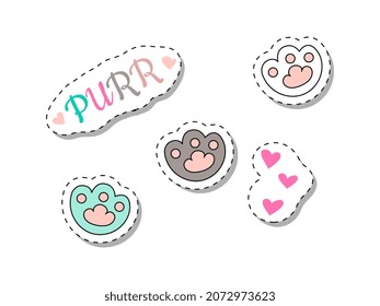 Set of purr stickers. Collection of various animal paws. Footprints, bag badges. Buttons for pet shops, website design, marketing. Cartoon flat vector illustrations isolated on white background