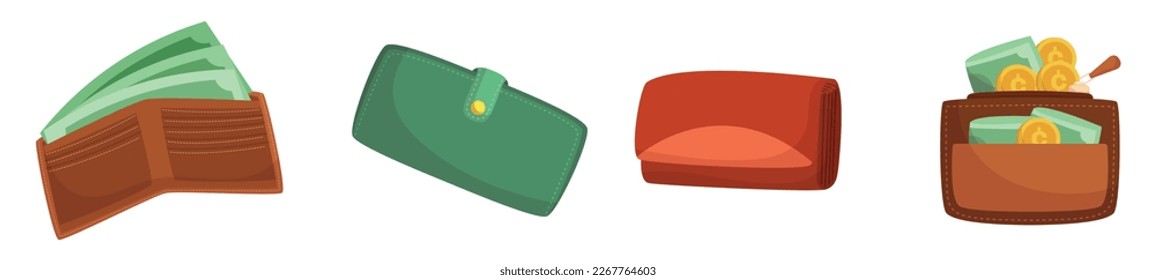 Set of Purse With A Wads Of Cash Sticking Out Of It, Concept of Wealth Or Financial Security. Wallet Icons, Finance, Luxurious Lifestyle Or Shopping Elements. Cartoon Vector Illustration