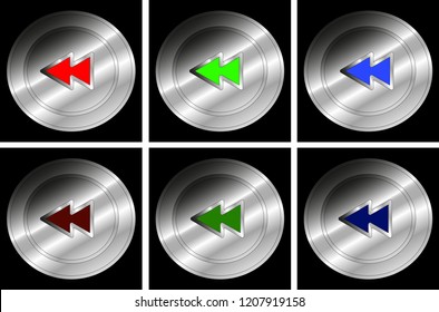 A set of push buttons for Fast Backward in red, green and blue colors for both on and off status - Vector