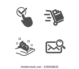 Set of Push cart, Skin care and Checkbox icons. Search mail sign. Express delivery, Hand cream, Approved. Find letter.  Classic design push cart icon. Flat design. Vector