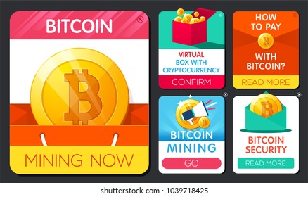 Set of push notifications with image golden coin with bitcoin symbol.