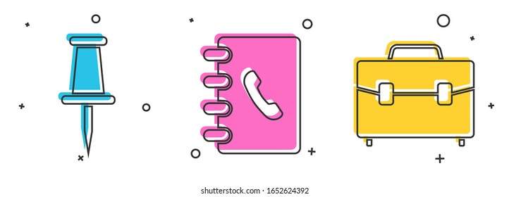 Push-Pin, Adressbuch und Briefkasten-Symbol festlegen. Vektorillustration
