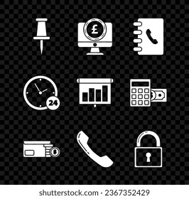 Set Push pin, Address book, Envelope coin dollar, Telephone handset, Lock, Clock 24 hours and Presentation financial board graph, schedule, chart, diagram, infographic, pie graph icon. Vector